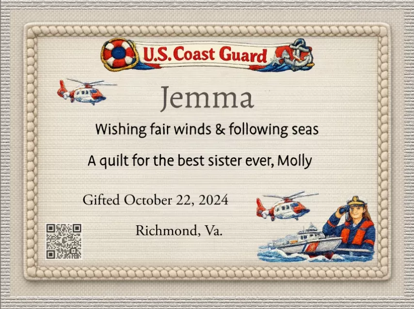 Personalized military quilt label for a military female service person Jemma
