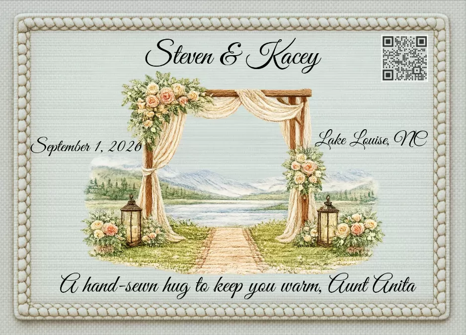 Heirloom quilt label featuring a long-form story about a 60-year marriage and integrated QR code. eirloom quilt label featuring a long-form story about a 55-year marriage and integrated QR code.