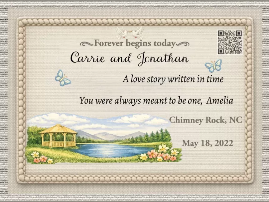 Wedding quilt label for best friends with a custom poem and digital story storage. Wedding quilt label for best friends with a custom poem and digital story storage.