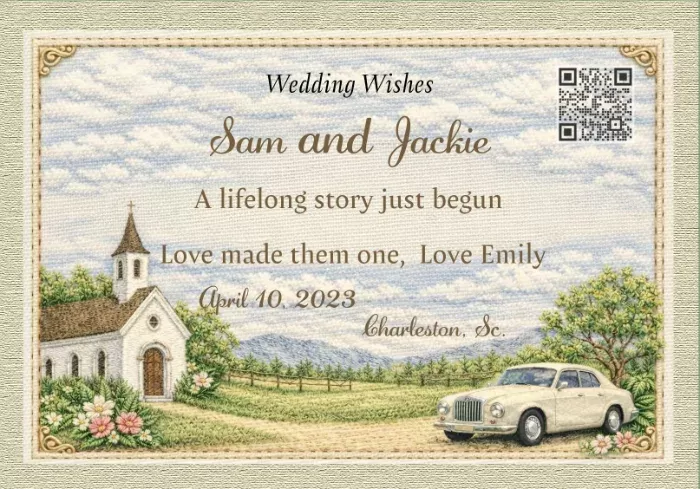 Custom fabric wedding quilt label with 'First Day of Our Lives' poem for a new couple. Custom fabric wedding quilt label with 'First Day of Our Lives' poem for a new couple.